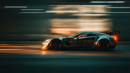 A dynamic side-profile shot of a carbon fiber racing car speeding under an overpass, casting shadows and streaks of reflected light on its aerodynamic body.
