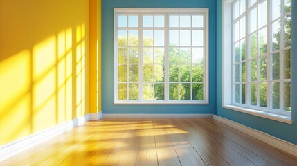 Fototapeta premium A bright, modern interior space featuring large windows that let in natural light, accentuated by vibrant yellow and blue walls, creating a harmonious atmosphere.