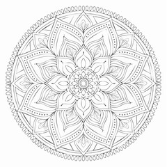 Elegant floral-inspired mandala vector design in black and white, featuring symmetrical petals and intricate line details, ideal for adult coloring books and meditation art