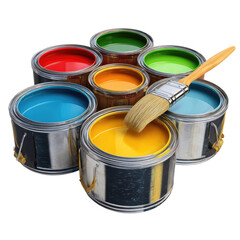  Open Cans with Color Paint and Brush Isolated on Transparent Background