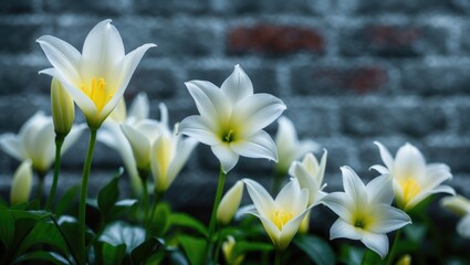 Obraz premium A zoomed-in shot of a white flower with a yellow core in front of a blurred brick backdrop.