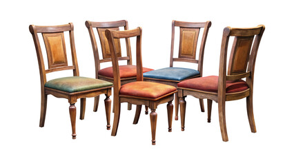 Fototapeta premium Arrangement of Five Distinctive Wooden Chairs with Upholstered Seats Forming a Circle