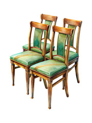 Watercolor depiction of vintage dining chairs with green upholstery artwork
