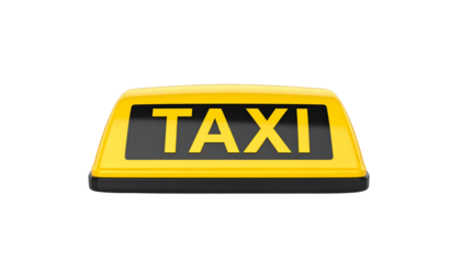 A yellow taxi sign with bold black letters spelling "TAXI" displayed on top.