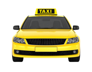 Yellow taxi car with a prominent "TAXI" sign on the roof, viewed from the front.