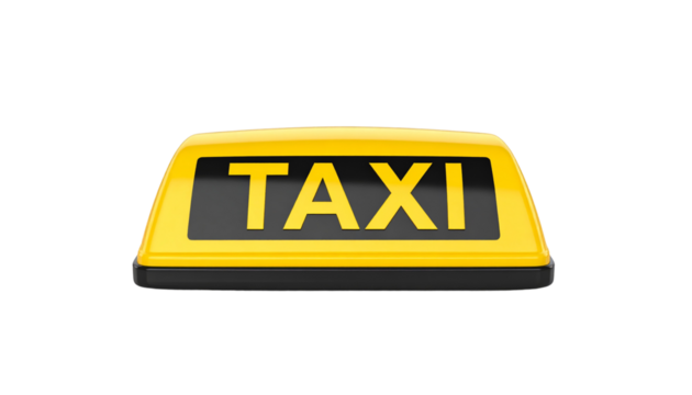 A yellow taxi sign with bold black letters spelling "TAXI" displayed on top.