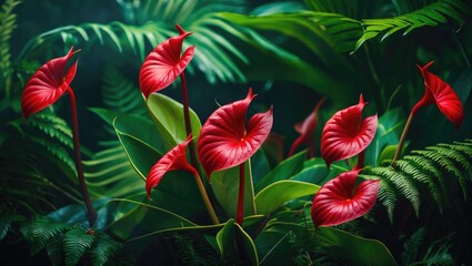 A macro shot of several red anthurium flowers showcasing spadices, bordered by vivid green fern leaves. The focus is on the flowers, captured using a shallow depth of field.