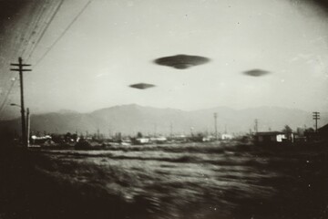 Vintage photograph depicting three UFOs hovering above a small town, invoking a sense of mystery and wonder about the unknown, with a grainy filter effect.