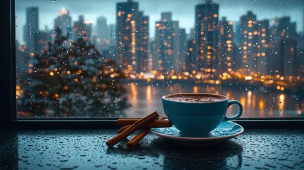 Rainy city view coffee