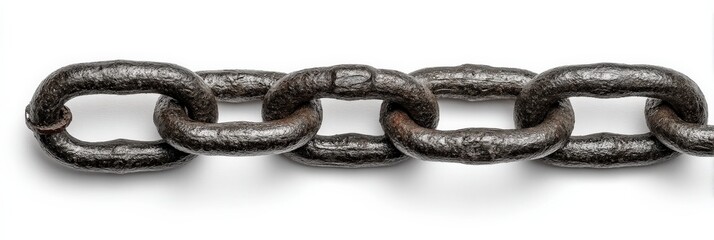 Close-up of a heavy, dark metal chain against a white background.  Each link shows signs of wear.