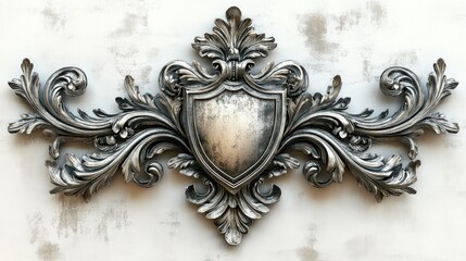 Ornate silver shield emblem on a textured background