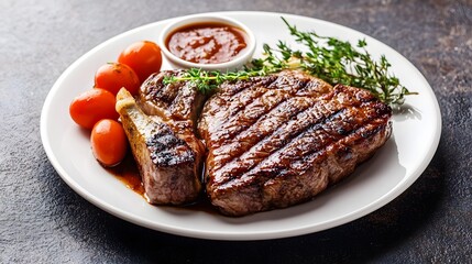 Delicious grilled ribeye tasty juicy with tomato and sauce served on plate for dinner gourmet food