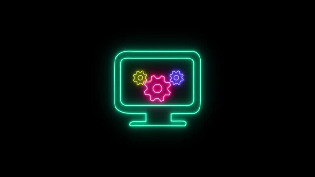 Programming neon line animation. Software development animated icon. Spinning gear, rotating. Moving code brackets. Coding, cybersecurity. Isolated element on dark background. Alpha transparent vide