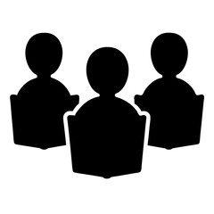 Three shadowy figures seated at desks or tables in a group setting