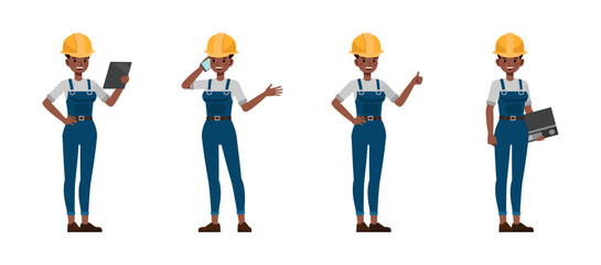 Obraz premium Women construction worker wear blue repairman apron, holding clipboard and talk on phone. Character vector illustration design set.