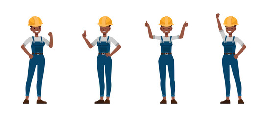 Fototapeta premium Women construction worker wear blue repairman apron, smile and happy. Character vector illustration design set.