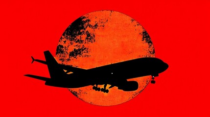 Silhouette Airplane Against a Fiery Sunset Sun