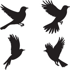 This artwork is digitally enhanced using AI and manually edited for quality. The image shows four black bird silhouettes in various flying poses.