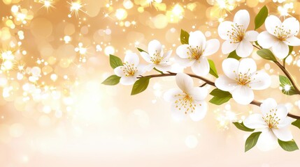 Obraz premium Beautiful White Flowers on Branch with Soft Focus Bokeh Background in Warm Golden Tones