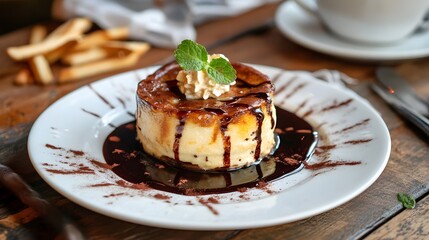 Delicious caramel custard dessert with mint and cream topping gourmet food photography for restaurant menu