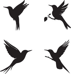 This artwork is digitally enhanced using AI and manually edited for quality. The image shows four black bird silhouettes in various flying poses.