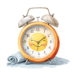 Alarm clock watercolor with smiling face on dial resting near rolled towel