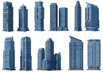 Fototapeta premium Stunning Skyscraper Collection 12 Futuristic Building Designs Free 3D Models isolated on transparent background