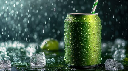 Refreshing green can in the rain