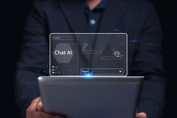 A person holding a tablet displaying a futuristic Chat AI interface with digital elements and...