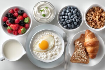 Healthy Breakfast Still Life: Overhead Shot of Cottage Cheese, Berries, Yogurt, Granola, Milk, Toast, Croissant
