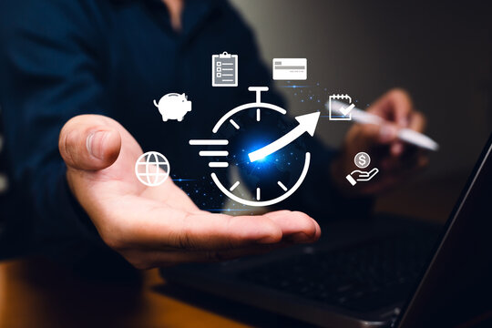 A person presents digital icons including a stopwatch, clipboard, and credit card, symbolizing efficiency and productivity in business.