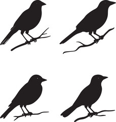 This artwork is digitally enhanced using AI and manually edited for quality. A set of four bird silhouettes perched on tree branches.