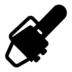 Simple black and white icon of a chain saw on white background