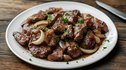 Delicious steak bites recipe with caramelized onions and parsley garnish on a white plate close up view