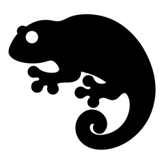 Stylized black silhouette of a chameleon with a curly tail and white eye