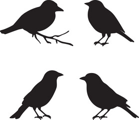 This artwork is digitally enhanced using AI and manually edited for quality. A set of four bird silhouettes perched on tree branches.