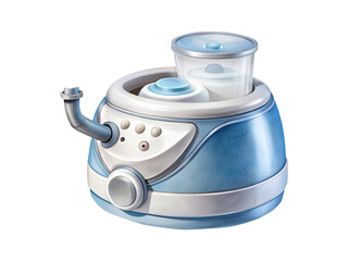 Futuristic Blue and White Appliance with Covered Container, Buttons, and Pipe