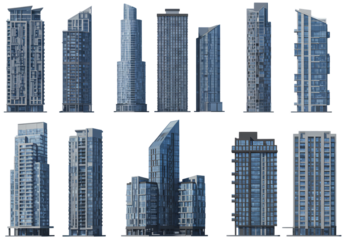 Modern Skyscraper Collection 3D Models Architectural Designs Cityscape HighRise Buildings isolated on transparent background