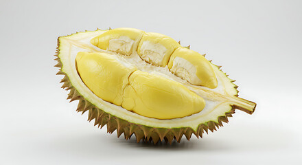 Fruta de durião cortada ao meio, polpa amarelo-creme visível, isolada em fundo branco