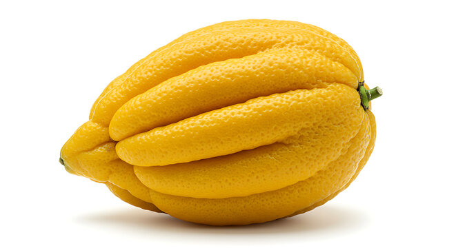 M&atilde;o de Buda c&iacute;trica (cidra com dedos), cor amarelo brilhante com segmentos semelhantes a dedos, isolada em fundo branco