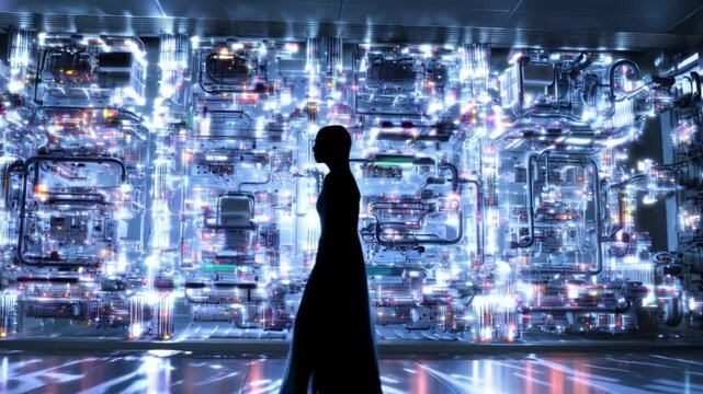 A person silhouetted in front of a massive AI supercomputer pulsing with light