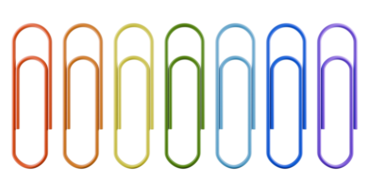A row of vibrant paper clips in various colors, ideal for organizing paperwork. 3d rendering