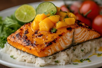 Grilled salmon fillet with mango salsa and rice