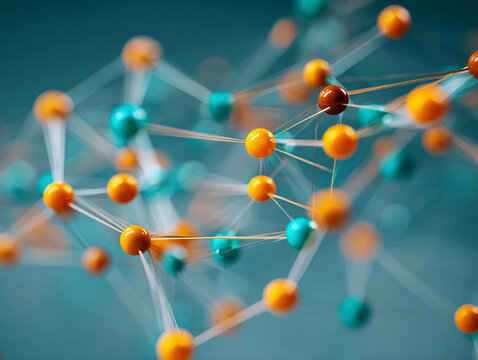 De-focused molecule 3d render, nodes and network grid in teal and orange. Networking, communication, scientific graphic.