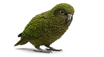 Papagaio Kakapo, verde e com aparência de musgo, com rosto de coruja, ave que não voa, sentado em fundo branco