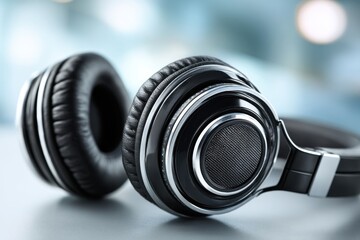 A pair of sleek, modern black headphones with silver accents on a blurred background, showcasing its design and audio technology for music enthusiasts and audiophiles.