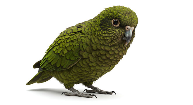 Papagaio Kakapo, verde e com apar&ecirc;ncia de musgo, com rosto de coruja, ave que n&atilde;o voa, sentado em fundo branco