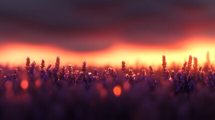 A serene field of lavender basks in the soft light of a golden sunrise, highlighting delicate flowers and creating a peaceful atmosphere with a blurred horizon