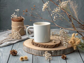 White Mug on Wooden Slice with Dried Flowers and Pine Cones