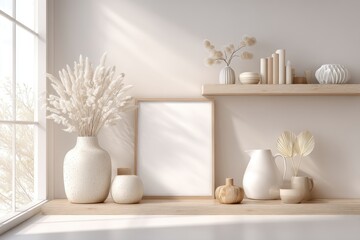 Elegant home decor featuring a blank frame, pampas grass, and minimalist ornaments, creating a cozy and inviting atmosphere with soft, natural light and warm tones.